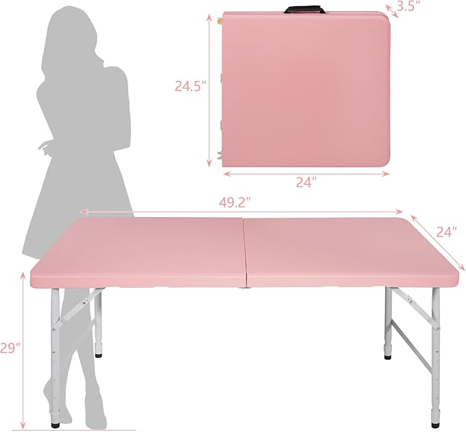 Anwick 4 Foot Folding Table Portable Fold-in-Half Plastic Picnic Table w/Handle and Steel Legs for Indoor, Outdoor, Camping, Party, Garden (Pink, 4ft)