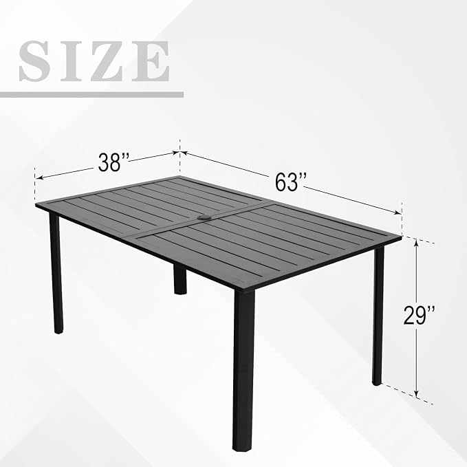 Anmutig Outdoor Dining Table for 6-8 Person Weather-Resistant Patio Table with Umbrella Hole, 63L x 38W x 29H inches, Black Metal Frame Easy Install Black Outdoor Table for Backyard Garden Lawn