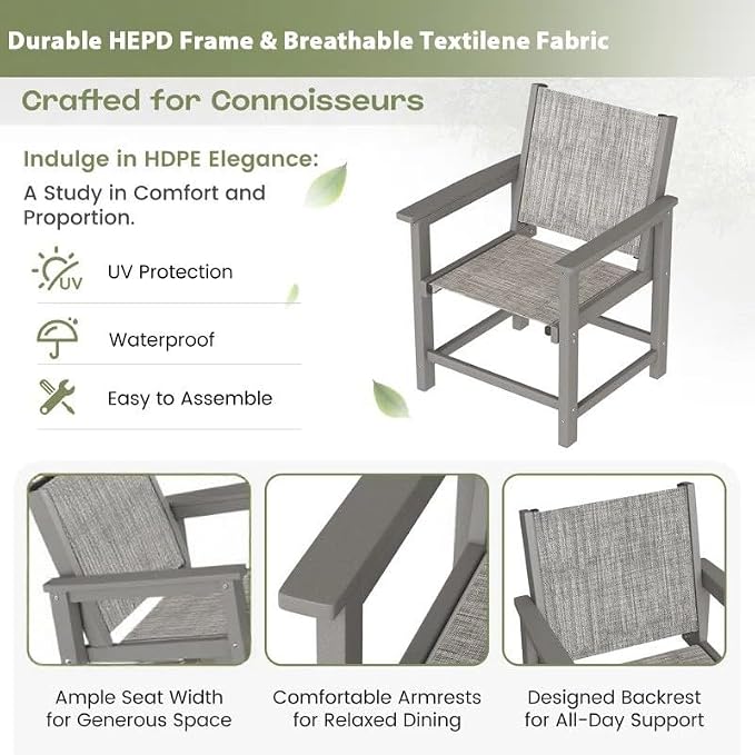 UDPATIO HDPE Dining Chair Set of 2, Heavy Duty Extra-Wide Outdoor Chairs with 360 lb Load Capacity, Easy to Assembly, All-Weather Seating for Patio, Pool, Garden, Backyard,Light-Grey