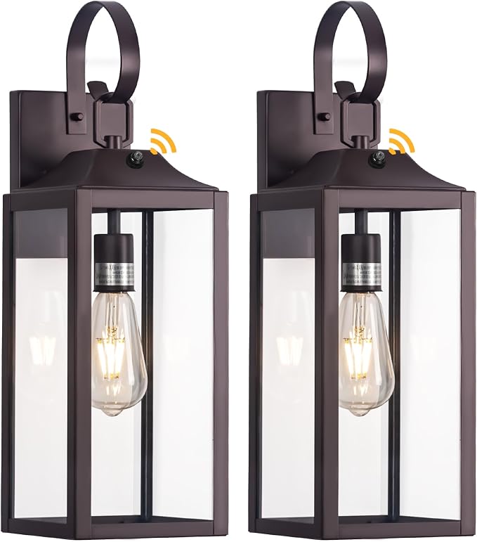 19" Large Dusk to Dawn Outdoor Lighting Bronze 2 Pack | Anti Rust Outdoor Wall Sconce Lantern Lamp, Waterproof Sensor Exterior Light Fixtures, Porch Light for Doorway, Garage, Patio