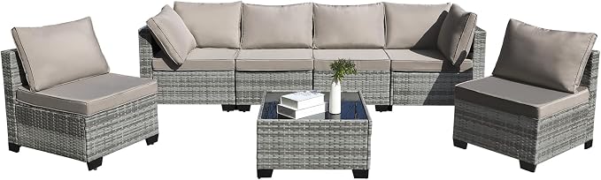 CANMOV 7 Pieces Patio Furniture Sets, All Weather Outdoor Patio Conversation Set, PE Wicker Rattan Sectional Sofa Couch Glass Coffee Table Washable Cushions for Backyard Garden, Poolside, Khaki