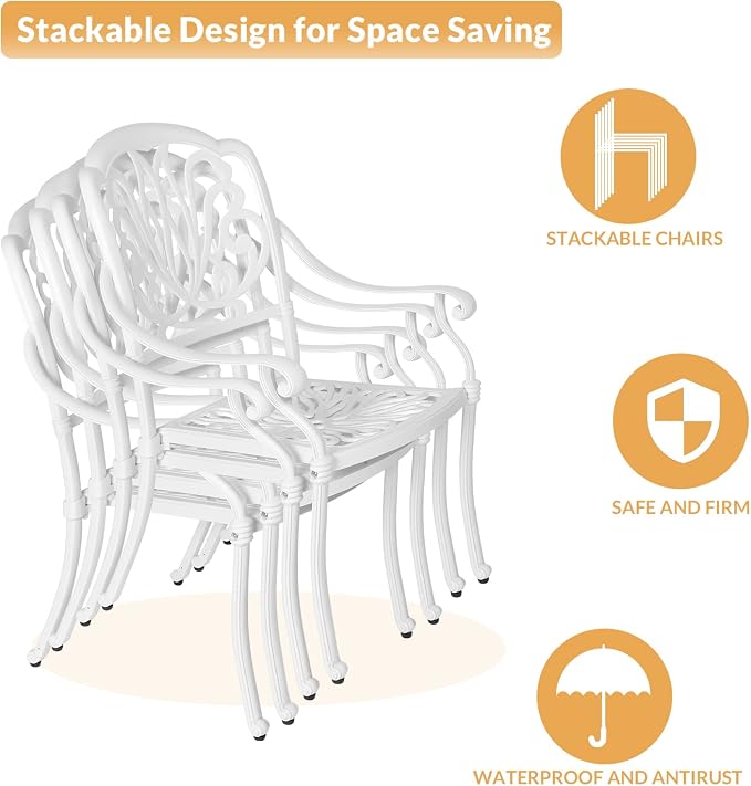 5-Piece Outdoor Patio Dining Set, All-Weather Cast Aluminum Patio Furniture Set for Backyard Garden Deck with 4 Chairs, 4 Cushions and 35.4” Square Table, 2.2" Umbrella Hole, White