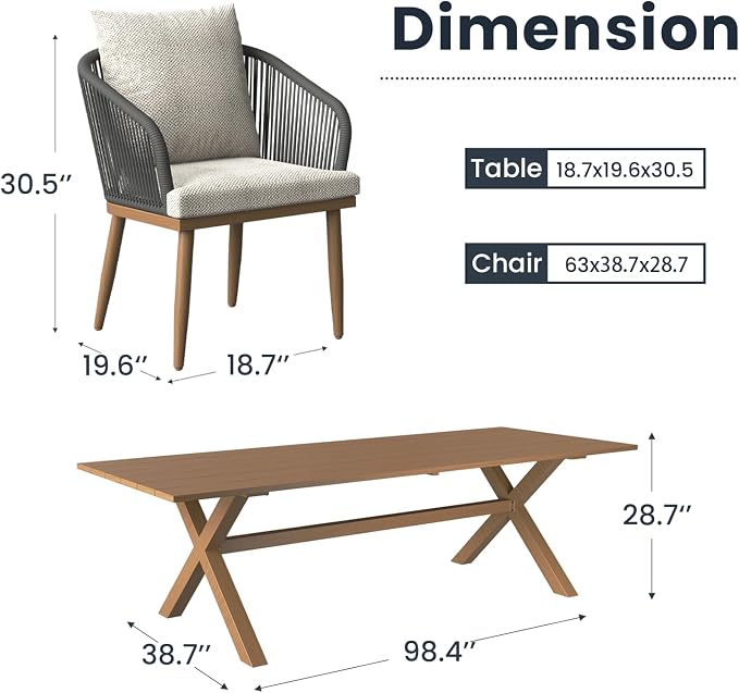 9-Piece Patio Dining Table Sets, Woven Wicker Dining Set with Rectangular Aluminum Table and Dining Chairs Modern Outdoor Dining Furniture Set for Outdoors and Indoors