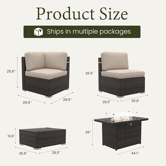 LayinSun 8 Pieces Outdoor Patio Furniture Set with 44" Fire Pit Table Brown Rattan Sectional Sofa Conversation Sets