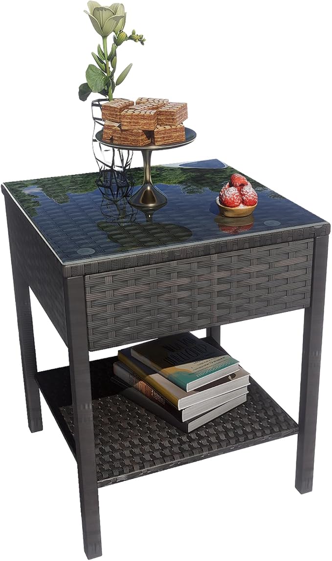 Wicker Rattan Side Table,Outdoor Patio Wicker Table,Modern Patio End Side Table with Glass Countertop and Storage Space,for Garden Balcony Porch
