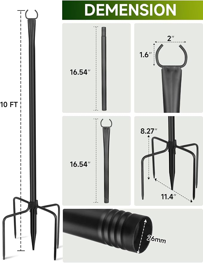String Light Poles for Outside, 4 Pack 10 ft Adjustable Light Poles | Heavy Duty, Weather Resistant, 5 Prong Stable Base, Ground & Fence Mount, Fence Clips Included, For Patio Garden Porch Decor