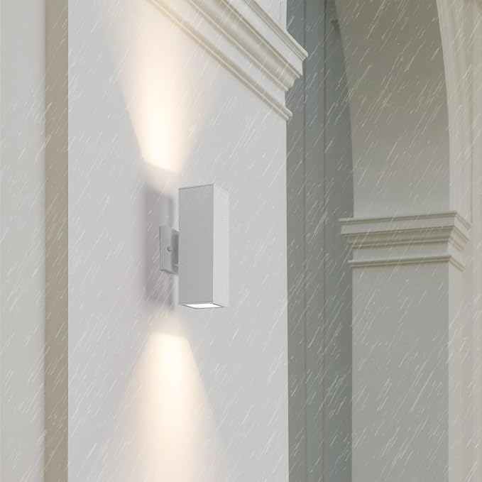 mirrea 12" Modern Outdoor Porch Light in 2 Lights, Matte White, 2 Pack | Patio wall sconce, aluminum rectangular tube, tempered glass, waterproof. Up & down lighting for outdoor wall mount fixture.