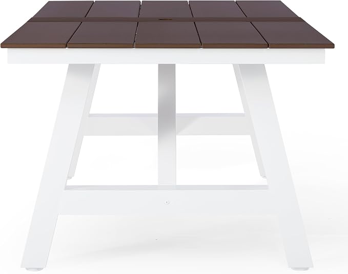 Costaelm Rectangle Patio Table, 8-Person Backyard Table 90" HDPE Dining Table with Umbrella Hole and Metal Frame for Outside, Garden, Poolside, Deck, Porch, Balcony, Dark Brown
