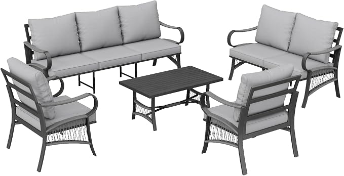 5 Piece Patio Furniture Set, 7 Seat Metal Outdoor Sectional Sofa Set with Thick Cushions, All Weather Patio Conversation Set with Coffee Table for Garden, Porch, Lawn, Grey
