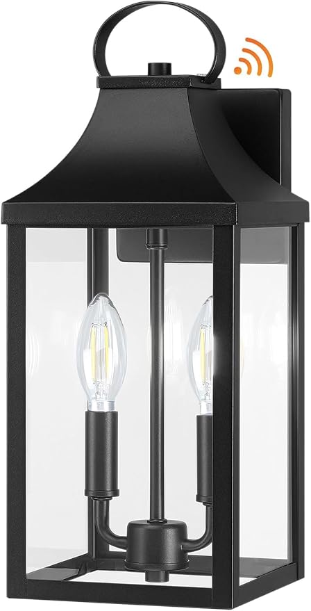 15" Dusk to Dawn Black Outdoor Wall Lantern 2-Light, Black | Outside Modern Wall Sconce Light Fixture, Industrial Porch Light with E12 Sockets, Waterproof Exterior Lamp Lighting