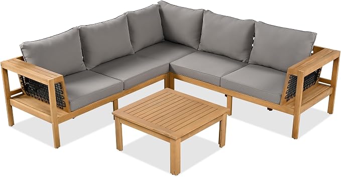 4 Piece Patio Seating Set, L-Shaped Patio Acacia Wood Sofa Set with Coffee Table, Woven Mesh Armrests, Outdoor Conversation Set with Cushions and Side Table, Gray+Natural