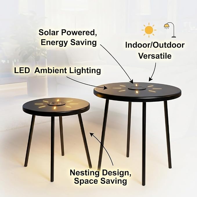 Solar Nesting Side Table Set of 2, Modern Black Metal Wire Round End Tables with Dusk to Dawn LED Light & On/Off Switch, Industrial Accent Tables for Patio, Balcony, Living Room, Garden (Solar 1)