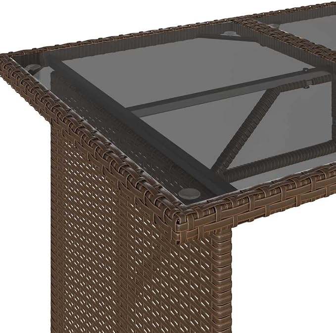 Brown Poly Rattan Patio Table with Tempered Glass Top, 43.3x26.8x27.6 Inch Rectangular Outdoor Table for Garden