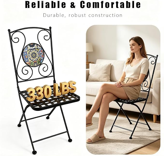 3 Piece Bistro Sets Mosaic Tile Round Table Folding Chairs Garden | Set of 3 Patio Furniture 23.6" Table and 2 Chairs Outdoor Bistro Chairs Artistic Table for Balcony Porch Apartment Backyard