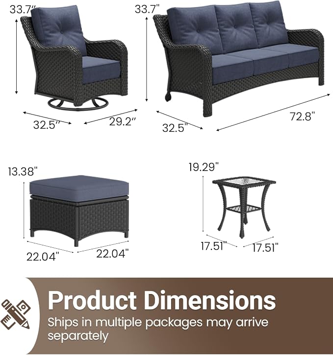 9 Pieces Outdoor Furniture Set with 6-inch Cushions, High Back Wicker Swivel Rocker Chairs with Coffee Table, Luxury Conversation Set for Deck Patio and Poolside