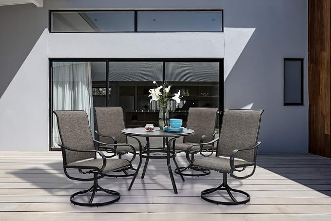 PHI VILLA 5 Piece Patio Dining Set, 4 Swivel Patio Chairs and 1 Round Metal Table with 1.57" Umbrella Hole, All Weather Resistant for Lawn Garden