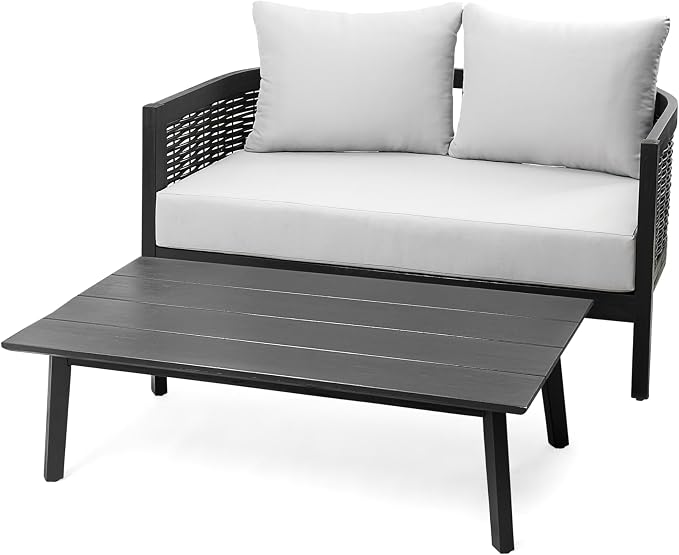 Christopher Knight Home Peron Patio 4-Seater Conversation Set, Sofa/Loveseat, 2 Club Chairs, Coffee Table, Cushion+Back Pillows, Acacia Wood+Wicker, Garden, Backyard, Poolside, Black + Light Grey