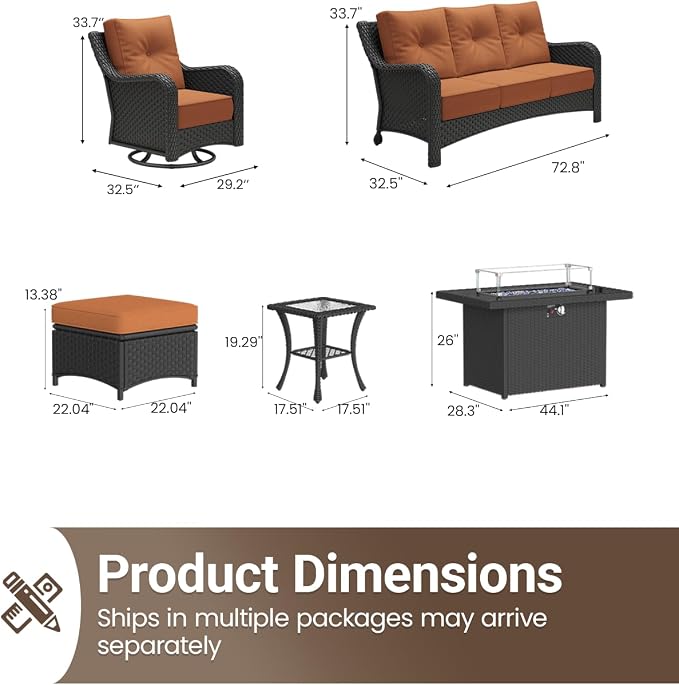 10 Pieces Outdoor Furniture Set with 6-inch Cushions, High Back Wicker Swivel Rocker Chairs with Fire Pit Table, Luxury Conversation Set for Deck Patio and Poolside