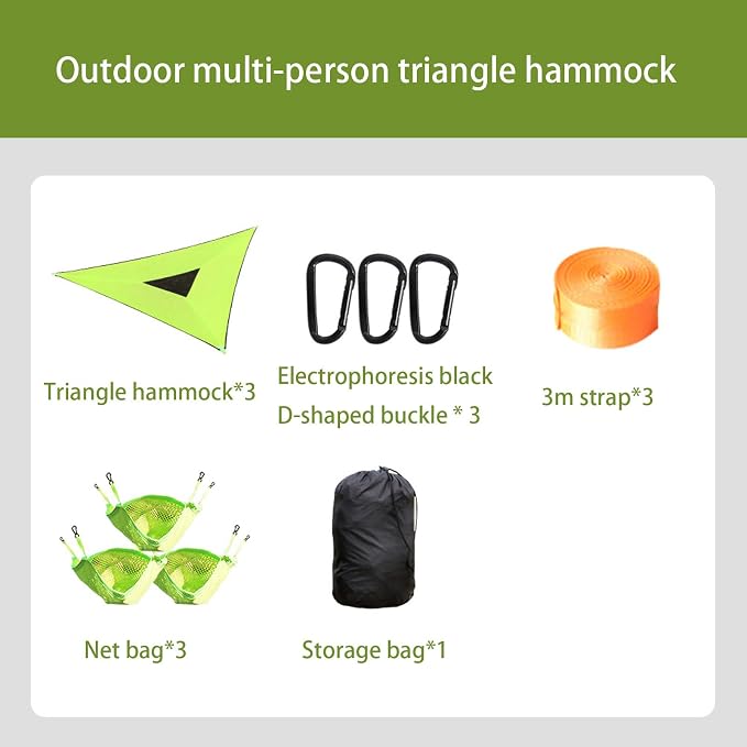 Multi-person triangular hammock, aerial camping hammock, suspended type, suitable for outdoor adventures, hiking, backyards, and gardens, includes straps, buckles, and storage bag (Green, 110in*110in)