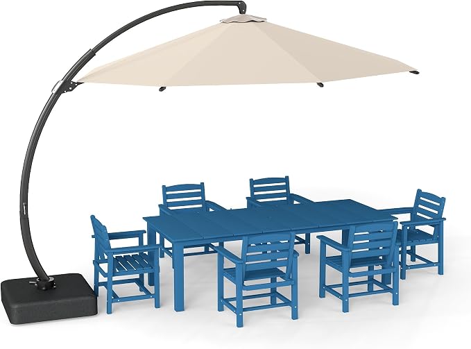 7-Piece Outdoor Dining Set with 11FT Umbrella for 6,Navy Blue | 75.2'' HDPE table, chairs included, weather-resistant furniture with hole, ideal for lawn, poolside, yard, garden, deck