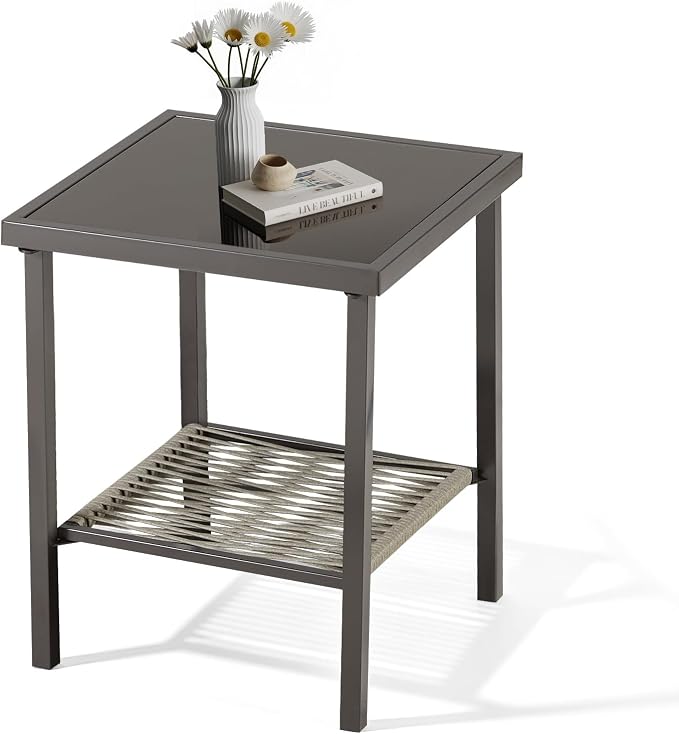 Outdoor Side Table, Steel, 22x18x18 in, Dark Gray | Powder-coated steel frame, 2-layer square top, moisture-resistant, patio deck end table, holds 50 lb