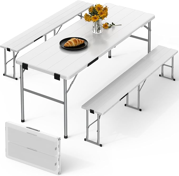 Picnic Table and Chairs Set, 6 Feet Foldable Camping Table with 2 Benches, 3-Piece Portable Folding Furniture with Wood Grain for Patio, Weddings, Party or School Use, White