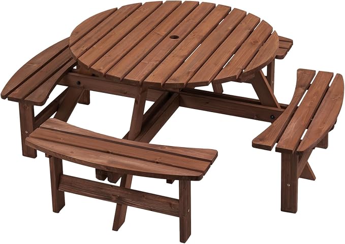 HRVEOCEI 8-Person Round Picnic Table with 4 Built-in Benches & Umbrella Hole, Wooden Picnic Tables for Outdoors, Patio, Backyard, Garden, 70"X70"X27", 2220lb Capacity (Round, Brown, 8-Person)