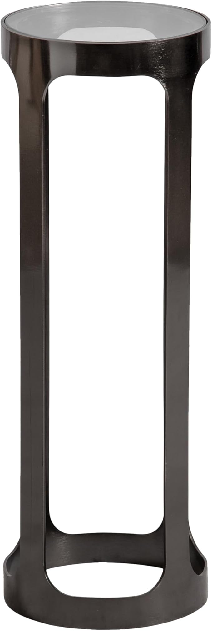 Kate and Laurel Dahl Modern Round Glass Top Outdoor Drink Table; 8 x 8 x 23; Clear Glass and Gray Gunmetal; Circle Pedestal Patio Mini Table for Living Room Plant Stand or Small Bedroom Nightstand