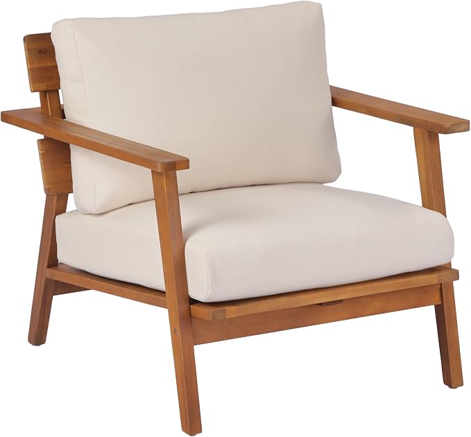 KLMM 4-Piece Mid-Century Modern Acacia Wood Patio Seating Set,Outdoor Conversation Set with Loveseat,Club Chairs & Slatted Coffee Table,for Garden Backyard Poolside (Teak+ Beige-MC)
