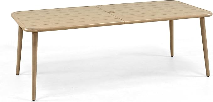 HAPPATIO Outdoor Dining Table for 8, Large Rectangular Aluminum Frame Patio Dining Table, Wood-Like Tabletop with 2" Umbrella Hole for Deck, Backyard, Lawn, Garden