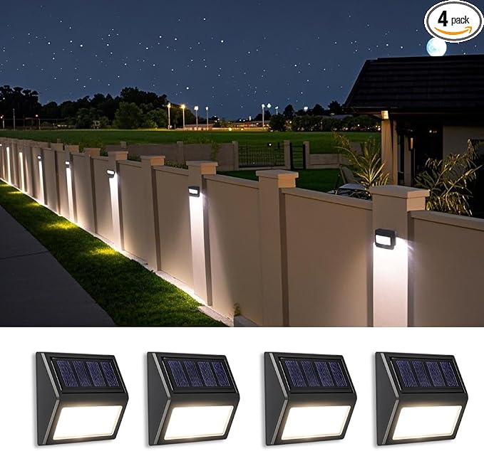 Solar Lights Outdoor, Waterproof Solar Powered Deck Step Lights for Patio Garden Backyard Garage Driveway Pathway Outside Wall Lighting (Cool White, 4 Pack)