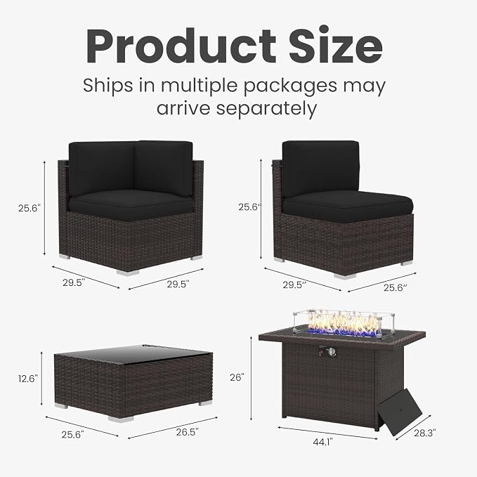 6 Pieces Patio Furniture Set with 44" Propane Gas Fire Pit Table, Outdoor Sectional Brown Rattan Wicker Conversation Sofa Sets with Coffee Table