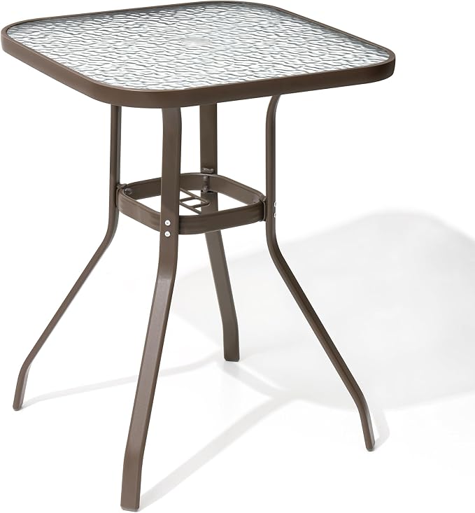 Crestlive Products Outdoor Bar Table with Umbrella Hole, Patio Dining Bistro Table with Aluminum Frame Tempered Glass Top, Outside Banquet Furniture for Garden, Pool, Deck, Lawn (Brown)