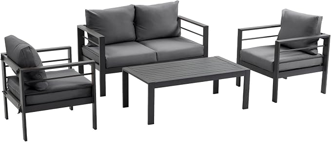4-Piece Patio Furniture Set – All-Metal Outdoor Sectional Couch with Horizontal Slat Armrests, 4" Cushions & Coffee Table, Modern Patio Conversation Set for Porch, Balcony, or Deck (Grey)