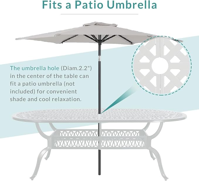 MEETWARM 84"x44" Cast Aluminum Patio Dining Table, Weather-Resistant Large Outdoor Dining Table for 8 Person, Patio Furniture Oval Table with Umbrella Hole and Adjustable Foot Pads, White