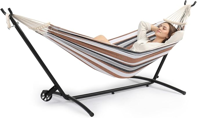 ONCLOUD Heavy Duty 550 LBS Hammock with Stand w/Wheel, Easy to Move, Included with Portable Carrying Bag, Upgraded Hammock with Stand for Outdoors & Indoors (Coffee w/Wheel)
