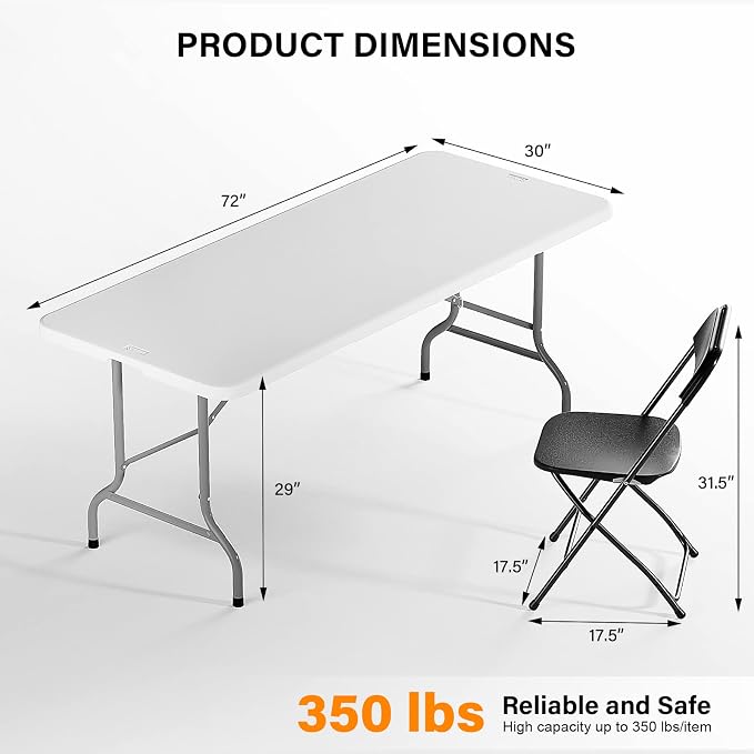 VINGLI 6 FT Plastic Folding Table Set with 8 Black Folding Chairs for Picnic, Event, Training, Outdoor Activities, at Home and Commercial Use