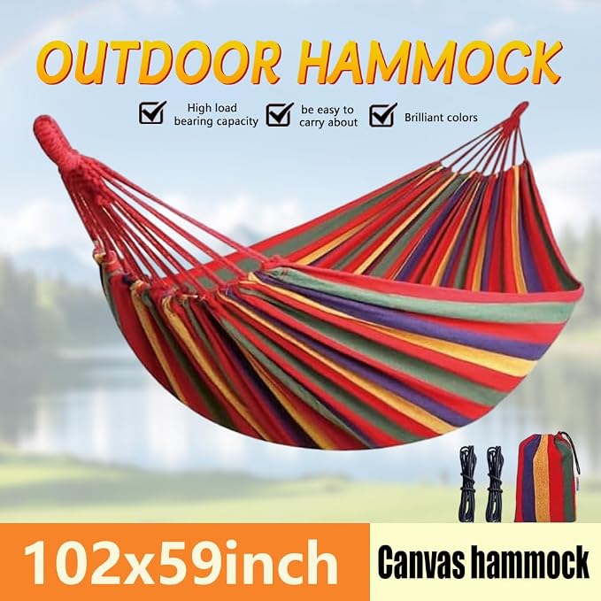 Cotton Canvas Hammock with Tree Straps - Portable Hammock for Outdoor Indoor Patio Backyard, Camping Hammock with Carry Bag, 440lbs Capacity, Without Stand(Red, Without bar)