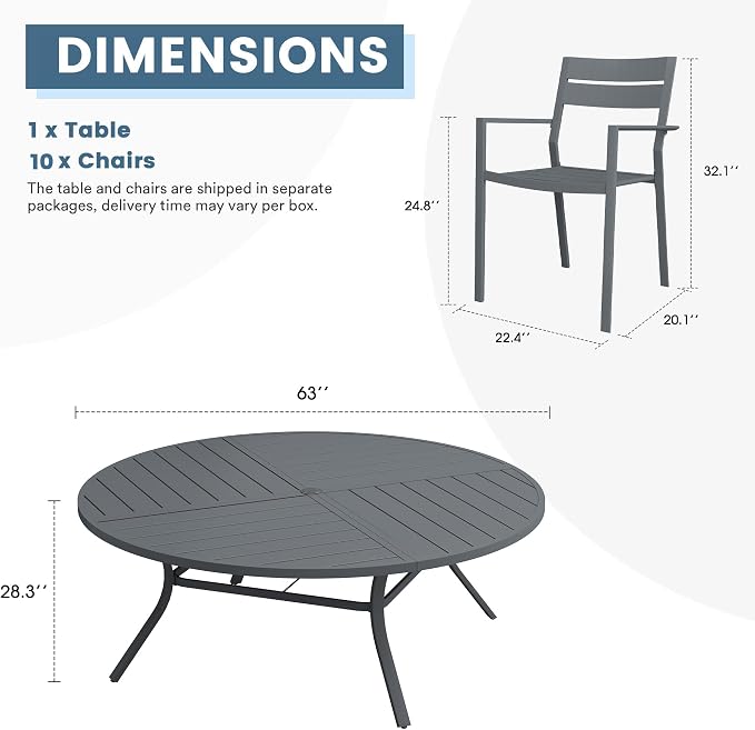 DIFY 11 Piece Outdoor Patio Dining Set for 10, 63" Round Dining Table with Umbrella Hole and Stackable Metal Chairs, Patio Table and Chairs Set for Backyard Garden Poolside, Grey