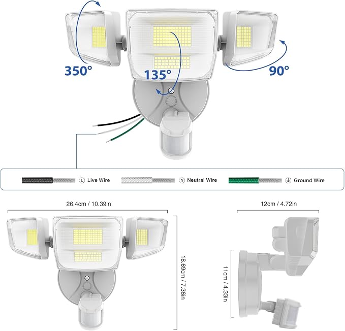 Onforu 90W 10000LM LED Motion Sensor Outdoor Lights, 4-Head Dusk to Dawn Outdoor Lighting, Hardwired Flood Lights, IP66 Waterproof 6500K Security Floodlight for Outside (White)
