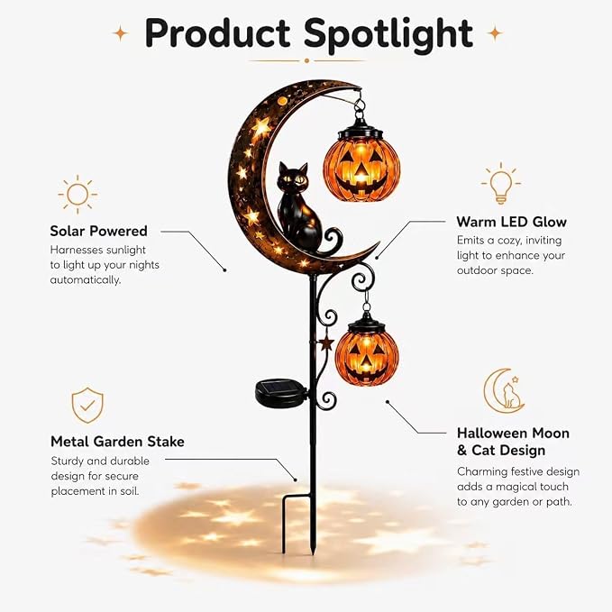 Solar Halloween Black Cat Garden Stake Light – Metal Crescent Moon & Pumpkin Lantern Yard Decor, Auto On/Off Waterproof LED Landscape Lighting for Patio Lawn Pathway (C)