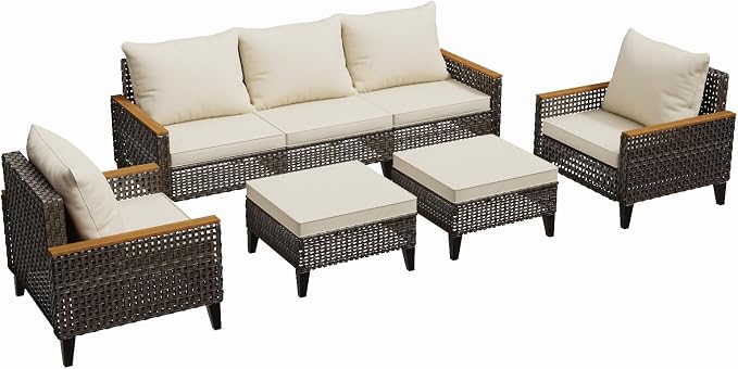 7 Piece Outdoor Sectional Sofa Set, All-Weather Wicker Rattan Patio Furniture Set with High Backrest and Thick Cushions for Garden, Porch, Poolside, Beige