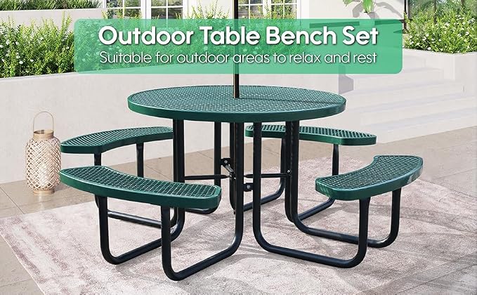 46 Inch Round Outdoor Metal Picnic Table, All-Weather Patio Dining Set for 6-8 Adults, Heavy Duty Steel with Central Umbrella Hole, Perfect for Garden, Backyard, Deck & Small Spaces - Easy Assembly