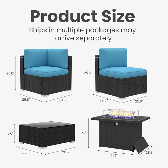 8 Pieces Patio Furniture Set with 44" Propane Gas Fire Pit Table, Outdoor Sectional Wicker Conversation Sofa Sets with Coffee Table