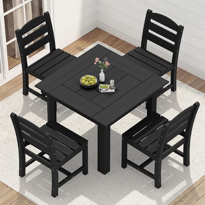 KINGYES 8-Piece HDPE Outdoor Dining Set for 6, Square Patio Table & Armless Chairs with Umbrella Hole, All-Weather Patio Dining Set for Backyard, Garden, Lawn & Poolside, Black
