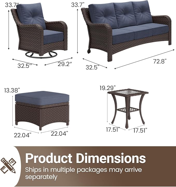 6 Pieces Outdoor Furniture Set with 6-inch Cushions, High Back Wicker Swivel Rocker Chairs with Coffee Table, Luxury Conversation Set for Deck Patio and Poolside