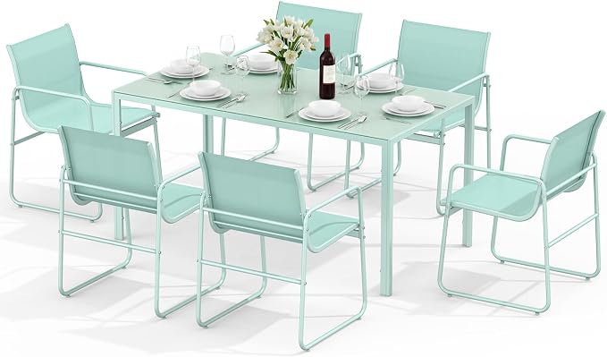 ONBRILL 7 Piece Patio Dining Set for 6, Modern Rectangular Glass Top Steel Table with 6 Breathable Textilene Chairs, Easy Assembly All-Weather Design for Lawn, Backyard, Poolside & Gatherings, Aqua