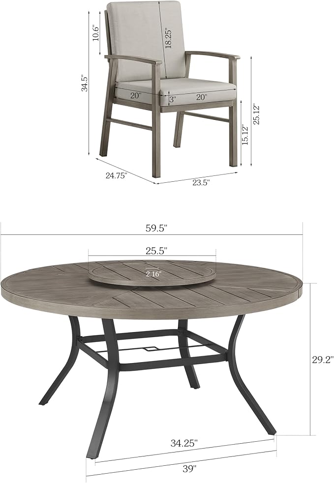 PEAK HOME FURNISHINGS Outdoor Aluminum Dining Set, 60" Round Dining Table with 6 Dining Chairs