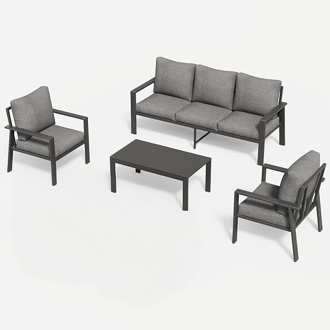 4-Piece Aluminum Patio Conversation Sets All-Weather Sectional Outdoor Furniture Set with Coffee Table & Cushions with Removable Covers for for Backyard, Garden and Poolside Easy Assembly(Gray)