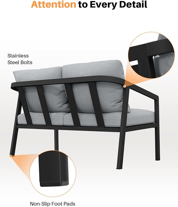 Outdoor Patio Loveseat, Never-Rust Aluminum Outdoor Loveseat Couch with Thick Cushions, Modern 2-Seater Patio Sofa Bench, Outdoor Sofa Loveseat Furniture for Backyard, Garden, Black
